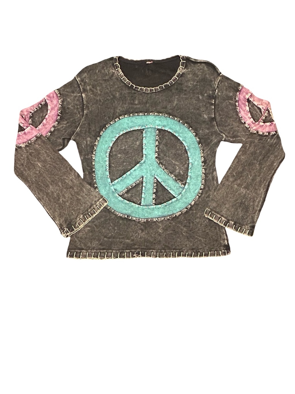 Agan Traders charcoal gray teal peace sign top with bell sleeves hippie boho S